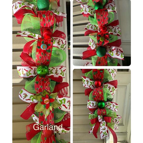 Grinch Christmas Garland Handmade, Red Green Holiday Mesh Ribbon Garland + Bows - Picture 2 of 10